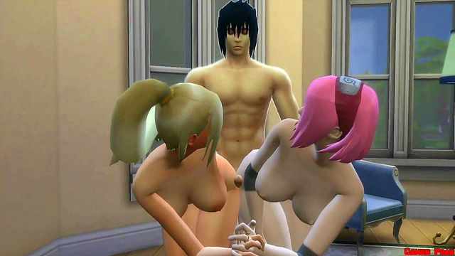 Sasuke Fucks Ino & Sakura's Big Tits and Asses in Naruto Hentai Gangbang