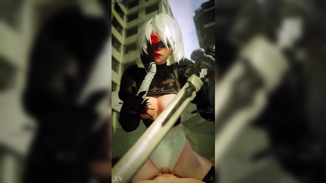 Sci-Fi Android 2B Takes Charge in PublicCowgirl Outside VR Bliss