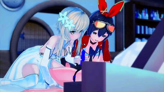 Lesbian Threesome With Genshin Impact's Amber, Lisa & Lumine Using Strap-On