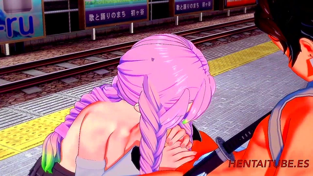 Mitsuri Kanroji from Kimetsu No Yaiba Fucks Tanjiro for Train Station Blowjob&Cumshot Creampie