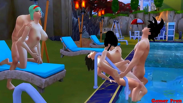 Beautiful Wives Bulma & Chichi Share Stepsons for Hot Pool Orgy Anal Action