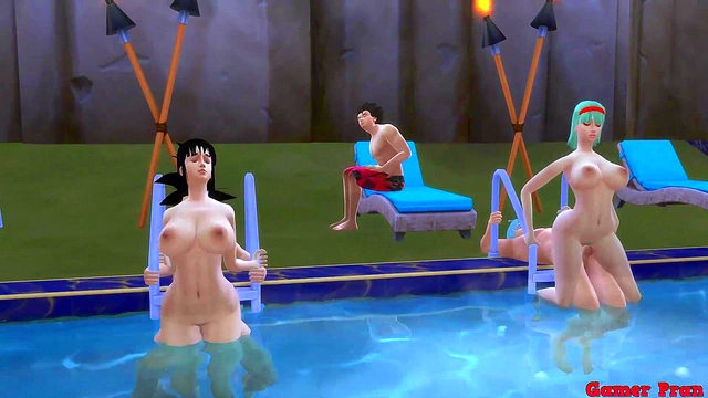 Beautiful Wives Bulma & Chichi Share Stepsons for Hot Pool Orgy Anal Action