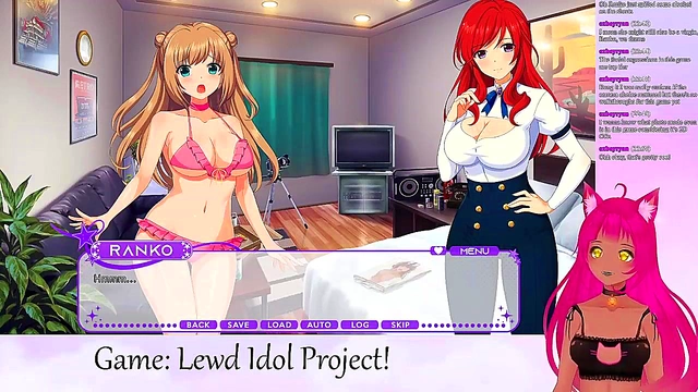 Lewd VTuber Neko Livestreams Yuri Anime Game With Big Tits Ahegao Action