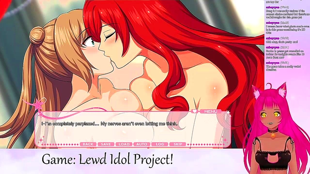 Lewd VTuber Neko Livestreams Yuri Anime Game With Big Tits Ahegao Action