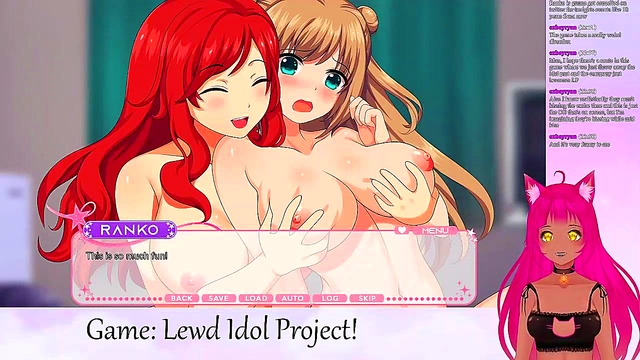 Lewd VTuber Neko Livestreams Yuri Anime Game With Big Tits Ahegao Action
