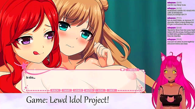 Lewd VTuber Neko Livestreams Yuri Anime Game With Big Tits Ahegao Action