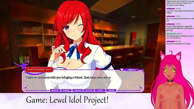 Lewd VTuber Neko Livestreams Yuri Anime Game With Big Tits Ahegao Action