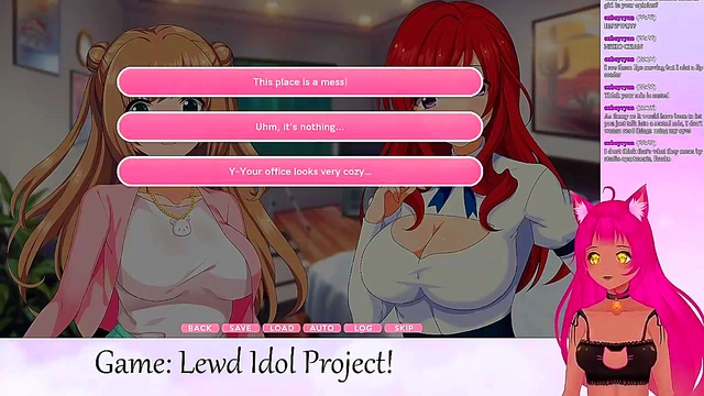 Lewd VTuber Neko Livestreams Yuri Anime Game With Big Tits Ahegao Action
