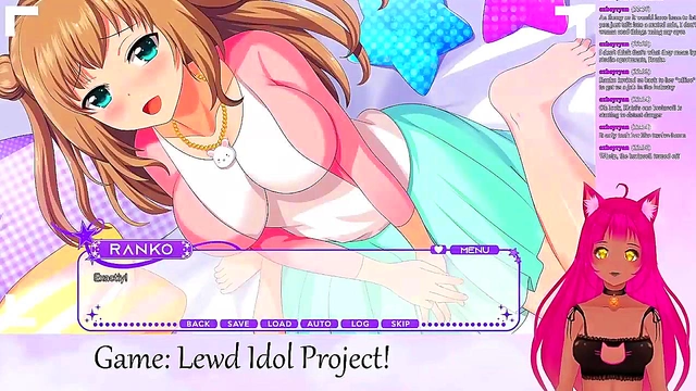 Lewd VTuber Neko Livestreams Yuri Anime Game With Big Tits Ahegao Action