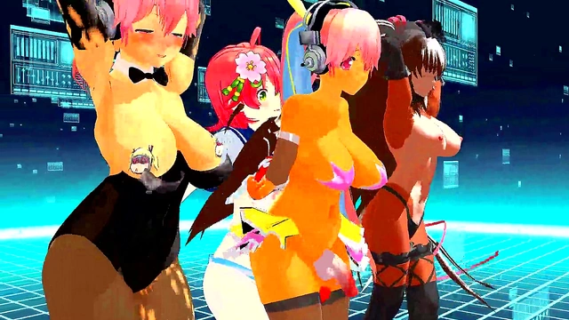 Four Anime Girls Sing & Strip Seductively for Erotic Dance Show