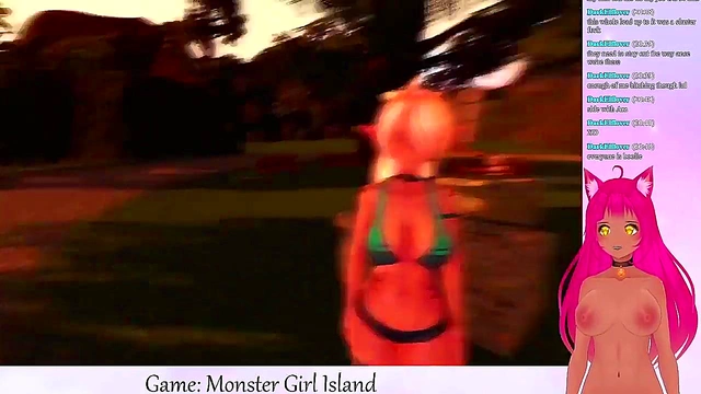 Lewd VTuber Neko Facesits Big-Busted Monster Girls in Anime Game Livestream