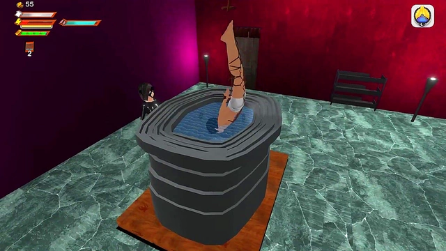 Dominatrix Humiliates Submissive in Busty Bathroom Pool Scene