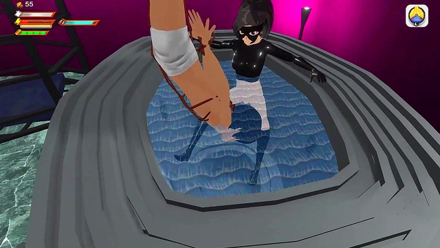 Dominatrix Humiliates Submissive in Busty Bathroom Pool Scene