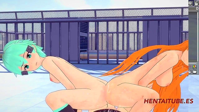 Kirito Cums On Asses Of Asuna & Leafa in Sword Art Online Hentai Threesome