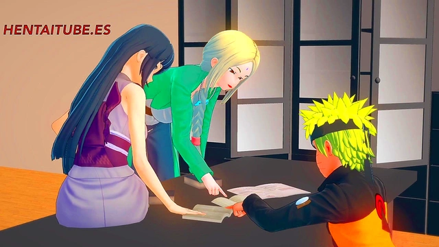 Naruto Fucks Sakura Under Table While Talking to Hinata & Tsunade – 3D Hentai Blowjob Creampie