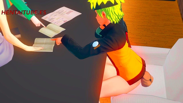 Naruto Fucks Sakura Under Table While Talking to Hinata & Tsunade – 3D Hentai Blowjob Creampie