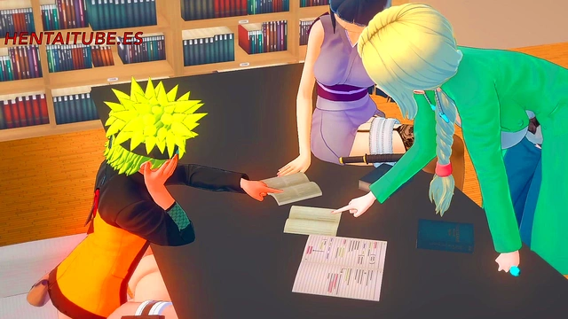 Naruto Fucks Sakura Under Table While Talking to Hinata & Tsunade – 3D Hentai Blowjob Creampie