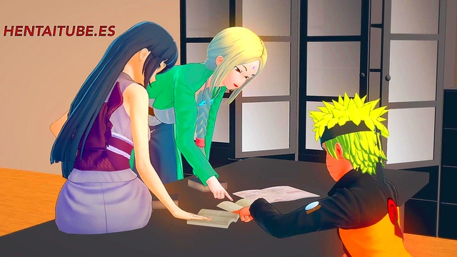 Naruto Fucks Sakura Under Table While Talking to Hinata & Tsunade – 3D Hentai Blowjob Creampie