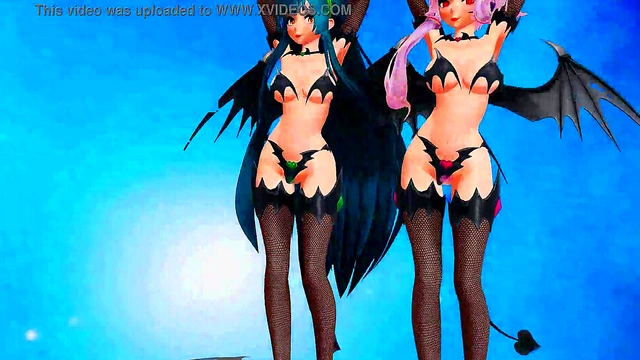 Two Anime Girls Dance and Sing Seductively in MMD Fantasy Scene