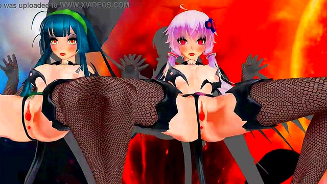 Two Anime Girls Dance and Sing Seductively in MMD Fantasy Scene