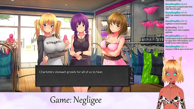 Lewd VTuber Neko Scissors Big Boobs In Lingerie During Yuri Anime Livestream