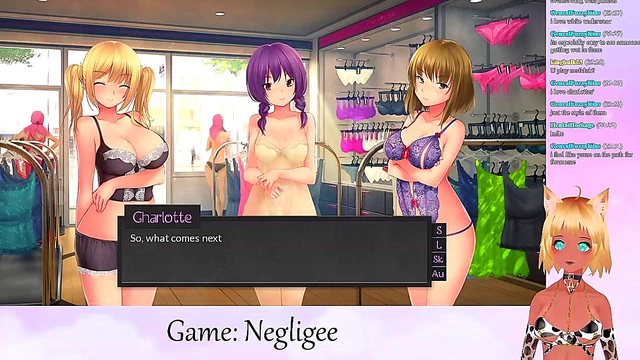 Lewd VTuber Neko Scissors Big Boobs In Lingerie During Yuri Anime Livestream