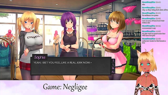 Lewd VTuber Neko Scissors Big Boobs In Lingerie During Yuri Anime Livestream