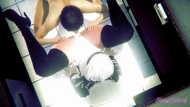 Japanese Anime Teen 2B Gives Blowjob & Gets Fucked in Public Toilet Creampie