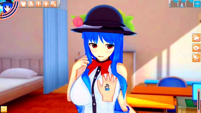 Big-Breasted Touhou Hinanai Tenko Rubs Boobs & Gives Hand Job In 3D Hentai Animation
