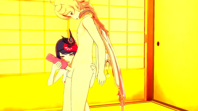 Sara from Genshin Impact Plays with Sex Toy & Gets Fucked by Aether for Creampie