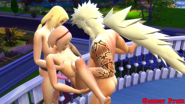 Jiraiya Joins Fans for Rough Anal Threesome with Hinata & Naruto Milf Wife