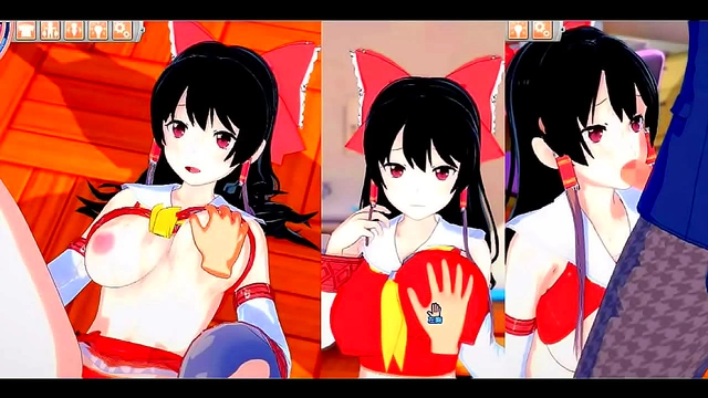 Reimu Hakurei Rubs Her Big Tits & Gives Blowjob in 3D Eroge Koikatsu! Touhou Animations