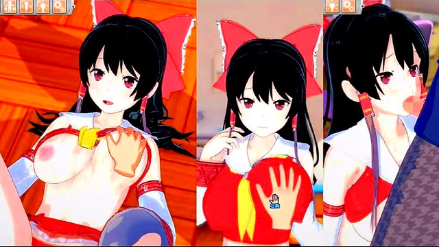 Reimu Hakurei Rubs Her Big Tits & Gives Blowjob in 3D Eroge Koikatsu! Touhou Animations