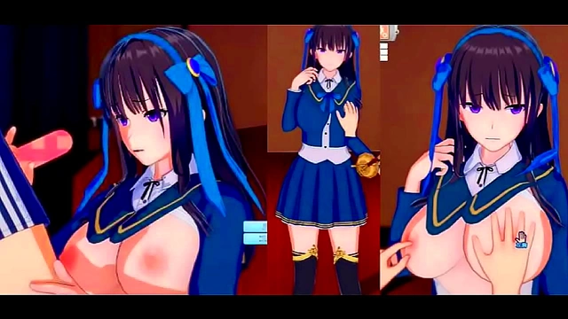Obedient Big-Breasted Anime Schoolgirl Rubs Tits & Gives Handjob Blowjob Feast