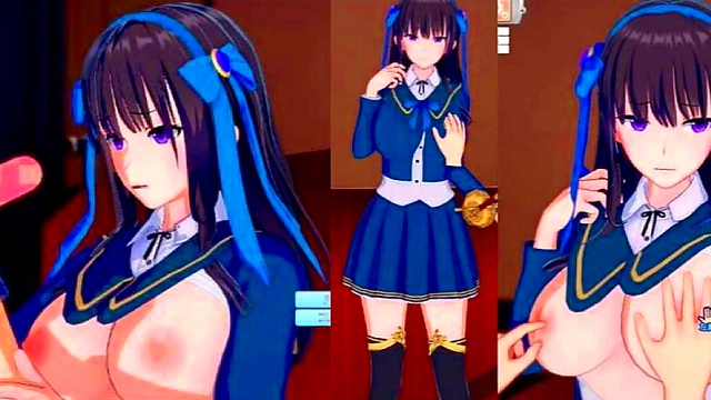 Obedient Big-Breasted Anime Schoolgirl Rubs Tits & Gives Handjob Blowjob Feast