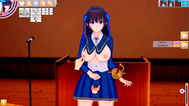 Obedient Big-Breasted Anime Schoolgirl Rubs Tits & Gives Handjob Blowjob Feast