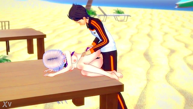 Subaru & White-Haired Echidna Beach Sex – Horny Fun in Swimsuits & Public Panty Play