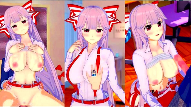 Touhou Fujiwara Beni Rubs Her Big Boobs & Gives Hand Job In 3D Hentai Eroge Scene