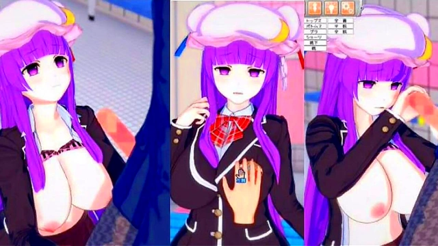 Patchouli Knowledge Rubs Her Huge Tits for Ecstatic Blow Job & Handjob Feat. Touhou 3D Hentai