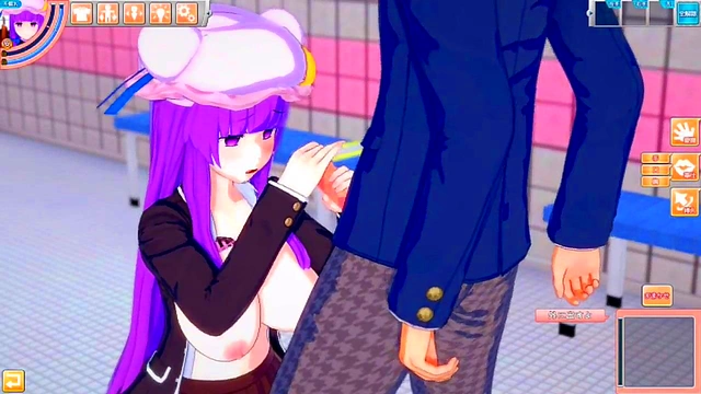 Patchouli Knowledge Rubs Her Huge Tits for Ecstatic Blow Job & Handjob Feat. Touhou 3D Hentai