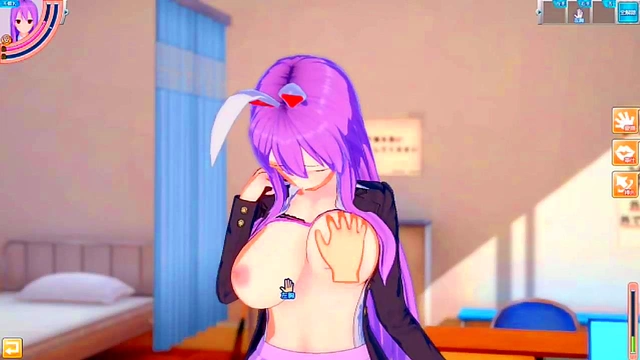 Big-Busted Reisen Udongei Rubs Boobs & Gives Blowjob in 3D Hentai Koikatsu!