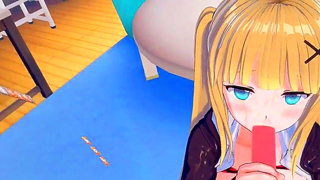 Cute Blonde Gal Rubs Her Big Boobs While Giving Blowjob & Handjob in 3D Hentai Anime