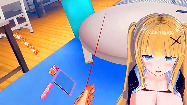 Cute Blonde Gal Rubs Her Big Boobs While Giving Blowjob & Handjob in 3D Hentai Anime
