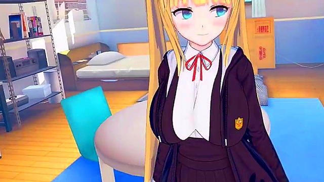 Cute Blonde Gal Rubs Her Big Boobs While Giving Blowjob & Handjob in 3D Hentai Anime