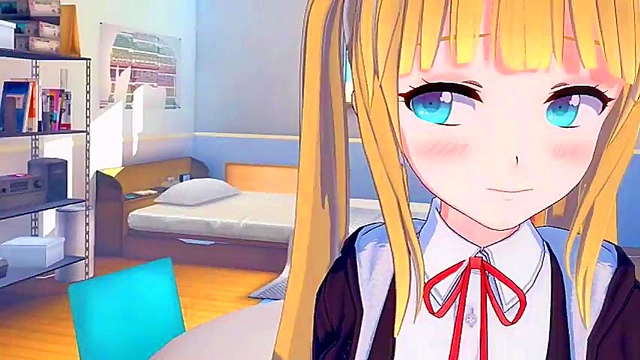 Cute Blonde Gal Rubs Her Big Boobs While Giving Blowjob & Handjob in 3D Hentai Anime