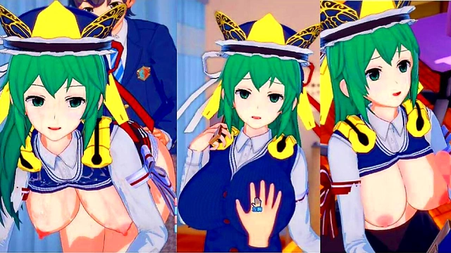 Big-Breasted Touhou Shikieihime Rubs Tits While Giving Handjob & Blowjob