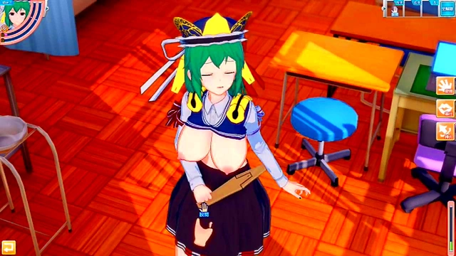 Big-Breasted Touhou Shikieihime Rubs Tits While Giving Handjob & Blowjob