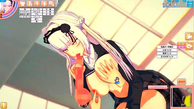 Sultry Eika from Koikatu Rubs Her Huge Tits While Giving Blowjob & Handjob