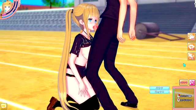 Blonde Big-Titted Anime Gal Gives Intense Standing Blowjob & Handjob