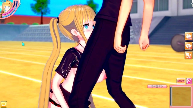 Blonde Big-Titted Anime Gal Gives Intense Standing Blowjob & Handjob